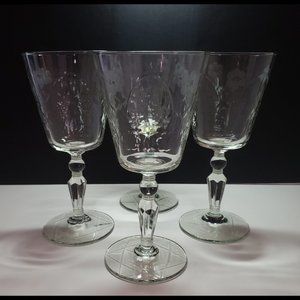 Vintage Etched Flower Optic Wine Glasses